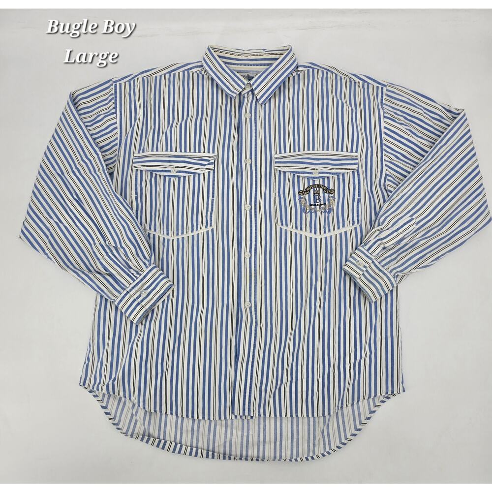 Vintage 90's Bugle Boy University Crest Striped Button Down Shirt – Size Large